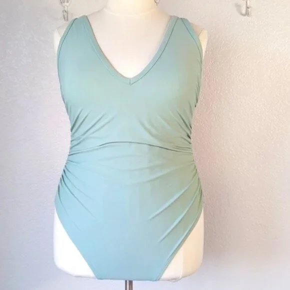 Kona Sol One Piece 20W Sage Green Swimsuit Adjustable Straps Lined Shirred - Picture 2 of 5